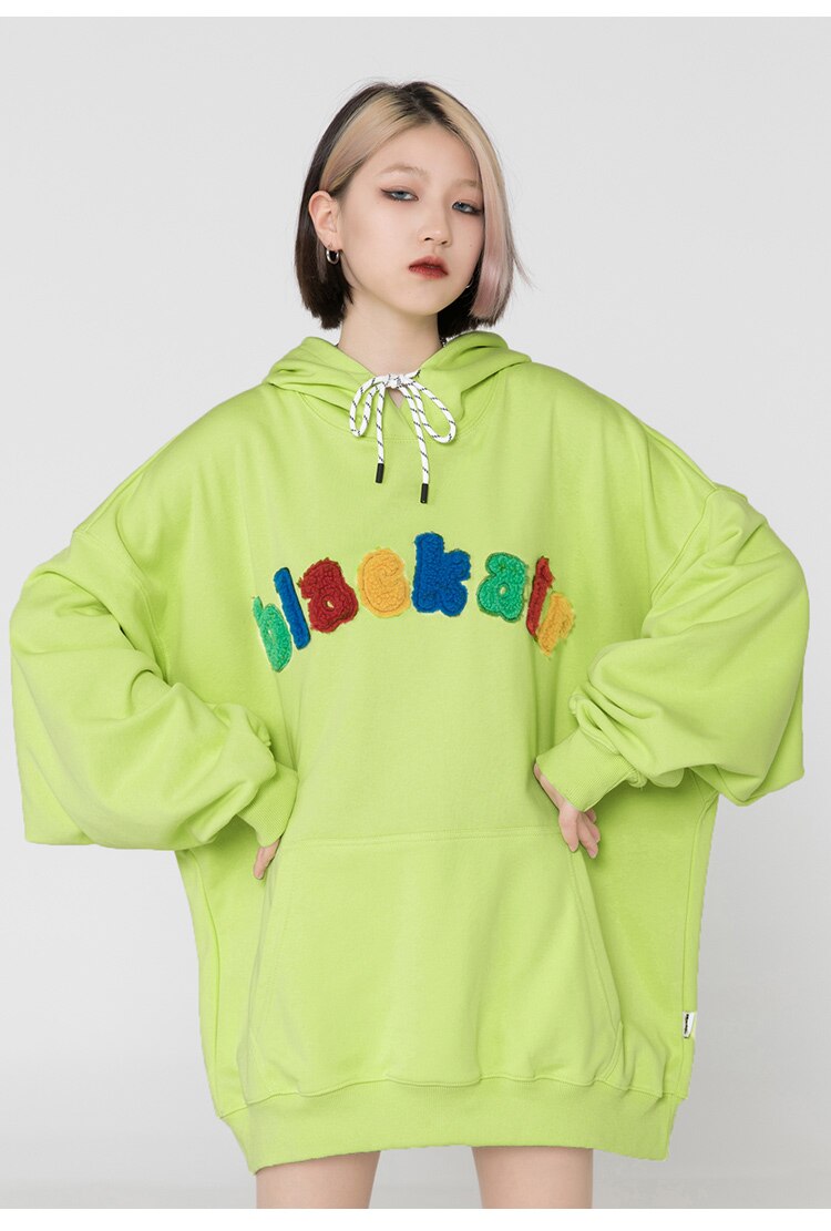Hoodie Men Cartoon Colorful Printed Furry Letter Patch Pullover Autumn Oversize Hooded Hip Hop College Style Streetwear