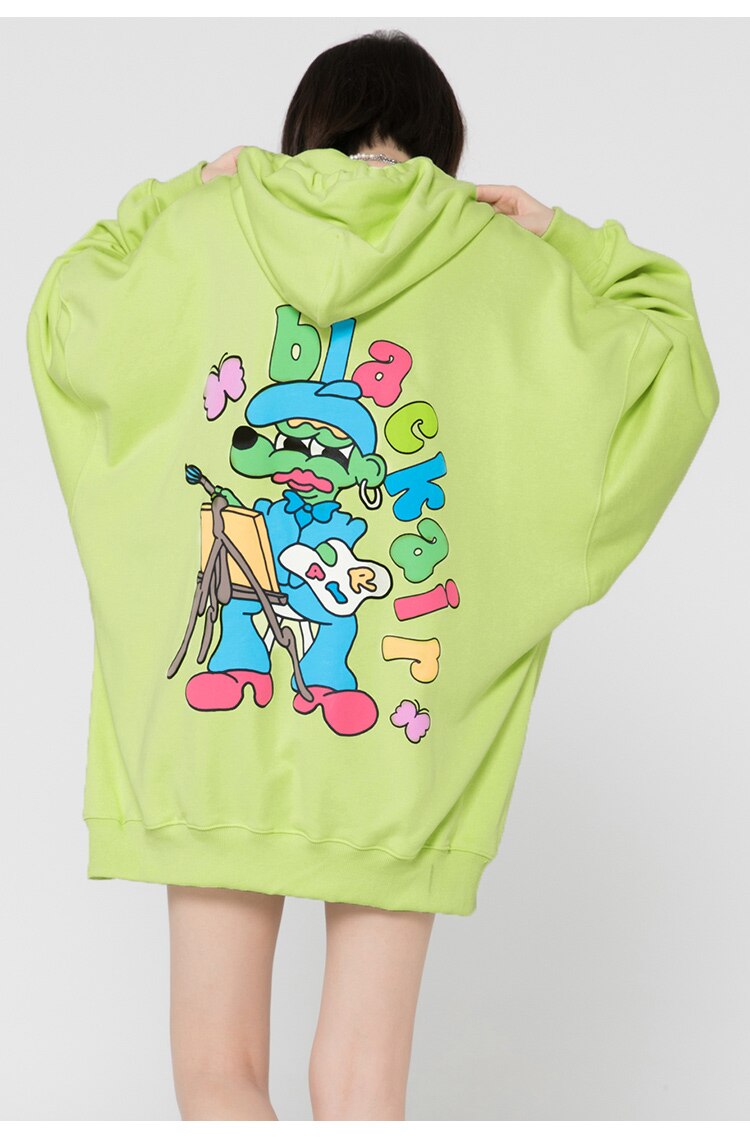 Hoodie Men Cartoon Colorful Printed Furry Letter Patch Pullover Autumn Oversize Hooded Hip Hop College Style Streetwear