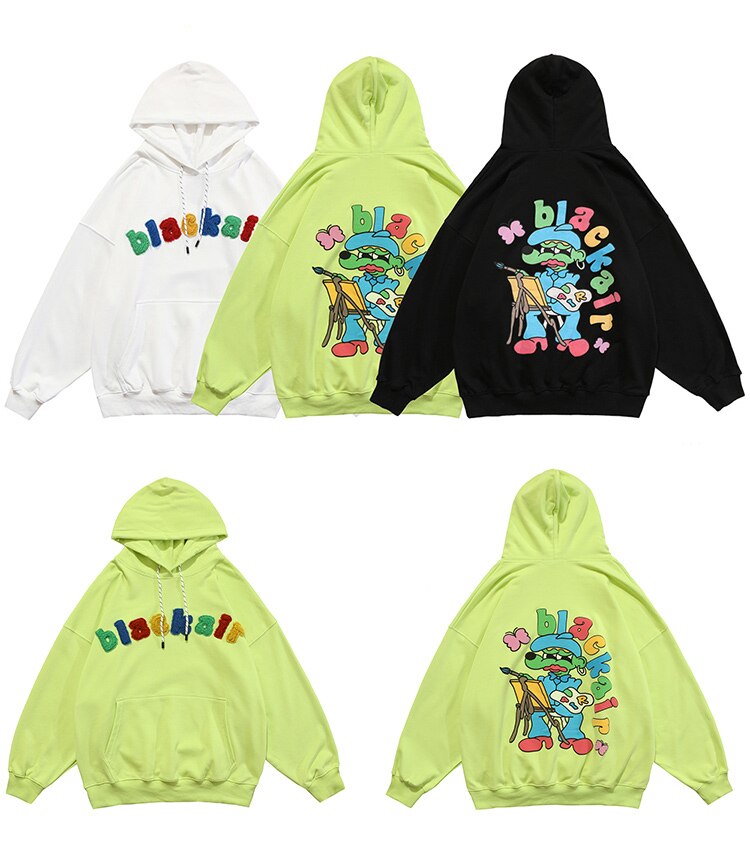Hoodie Men Cartoon Colorful Printed Furry Letter Patch Pullover Autumn Oversize Hooded Hip Hop College Style Streetwear