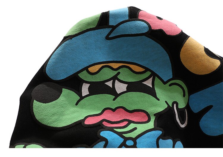 Hoodie Men Cartoon Colorful Printed Furry Letter Patch Pullover Autumn Oversize Hooded Hip Hop College Style Streetwear