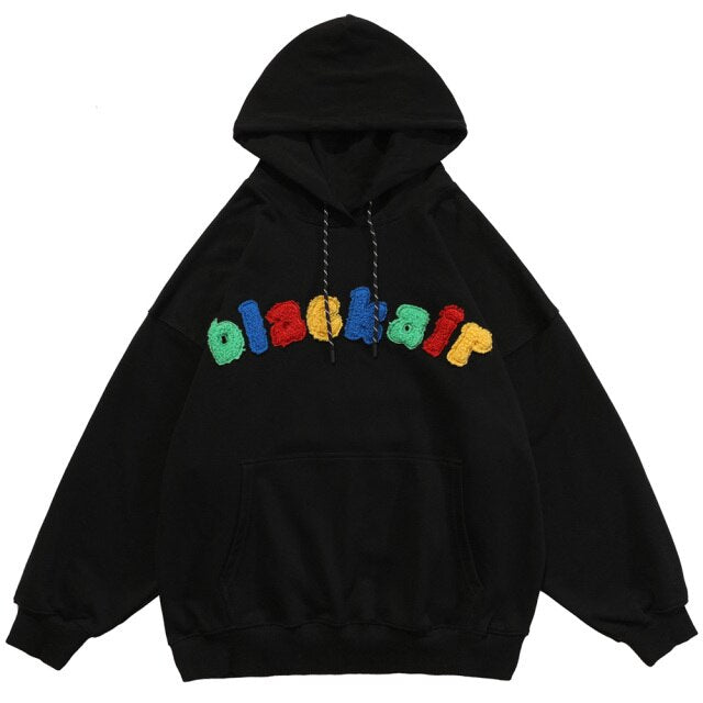 Hoodie Men Cartoon Colorful Printed Furry Letter Patch Pullover Autumn Oversize Hooded Hip Hop College Style Streetwear