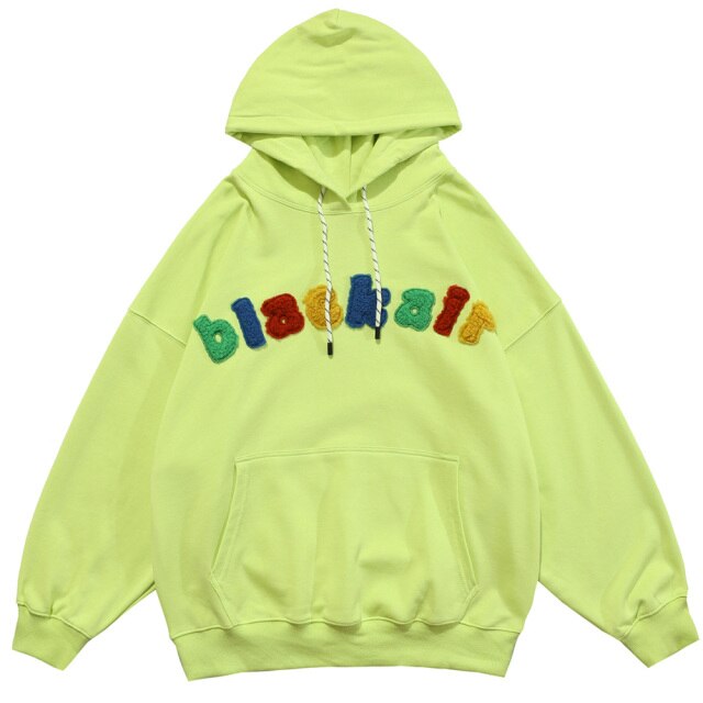 Hoodie Men Cartoon Colorful Printed Furry Letter Patch Pullover Autumn Oversize Hooded Hip Hop College Style Streetwear