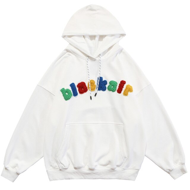 Hoodie Men Cartoon Colorful Printed Furry Letter Patch Pullover Autumn Oversize Hooded Hip Hop College Style Streetwear