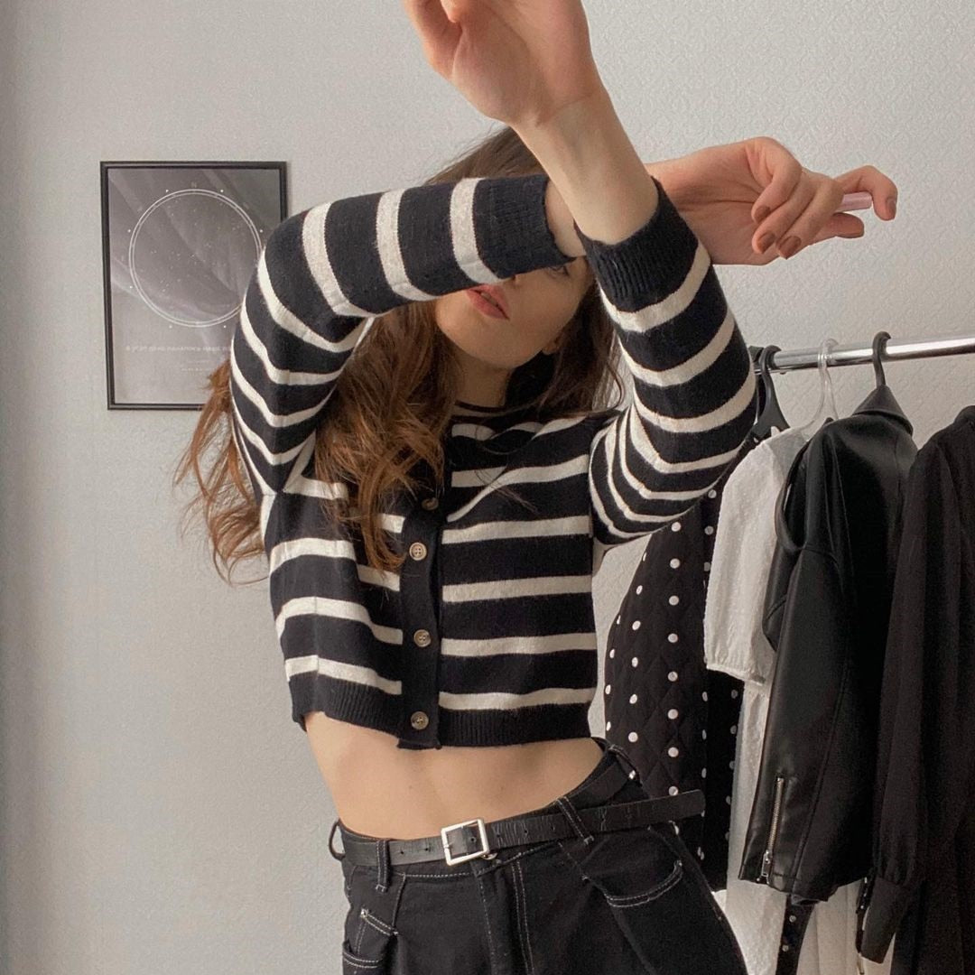 Spring Black&White Striped Knit Cropped Cardigan Long Sleeve Casual Slim Knitted Women Wool Sweater Outwear Korean