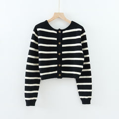 Spring Black&White Striped Knit Cropped Cardigan Long Sleeve Casual Slim Knitted Women Wool Sweater Outwear Korean