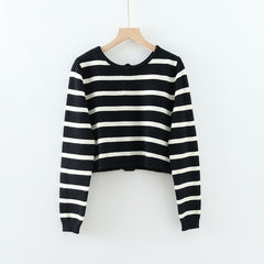 Spring Black&White Striped Knit Cropped Cardigan Long Sleeve Casual Slim Knitted Women Wool Sweater Outwear Korean