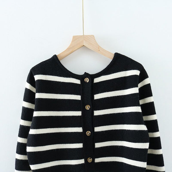 Spring Black&White Striped Knit Cropped Cardigan Long Sleeve Casual Slim Knitted Women Wool Sweater Outwear Korean