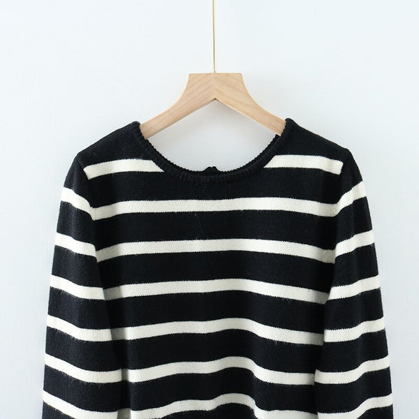 Spring Black&White Striped Knit Cropped Cardigan Long Sleeve Casual Slim Knitted Women Wool Sweater Outwear Korean
