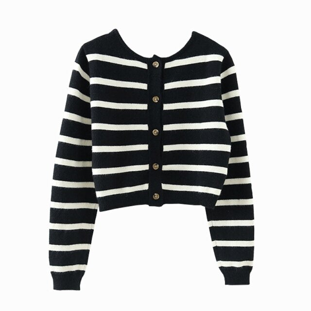 Spring Black&amp;White Striped Knit Cropped Cardigan Long Sleeve Casual Slim Knitted Women Wool Sweater Outwear Korean