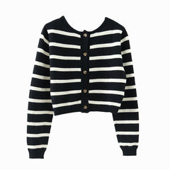 Spring Black&White Striped Knit Cropped Cardigan Long Sleeve Casual Slim Knitted Women Wool Sweater Outwear Korean