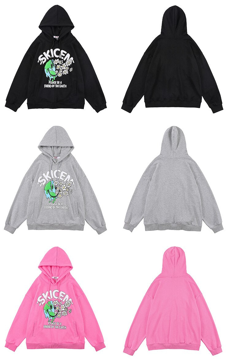 Hoodie Men Hip Hop Daisy Flowers Letter Print Pullover Autumn Loose Cozy Hooded Harajuku Fashion Sweatshirts Streetwear
