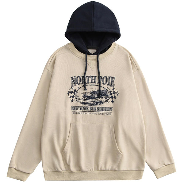 Hoodie Men Retro Letter Print Patchwork Color Hooded Pullover Couple Casual Fashion Harajuku Oversize Streetwear Autumn