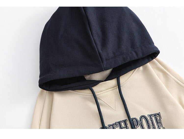 Hoodie Men Retro Letter Print Patchwork Color Hooded Pullover Couple Casual Fashion Harajuku Oversize Streetwear Autumn