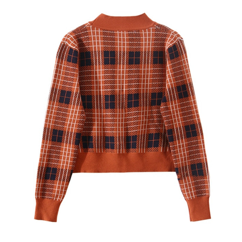 Vintage V-Neck Long Sleeve Women Plaid Sweater Spring Short Knitted Cardigan England Style Chic Tops Ladies Outerwear