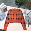 Vintage V-Neck Long Sleeve Women Plaid Sweater Spring Short Knitted Cardigan England Style Chic Tops Ladies Outerwear