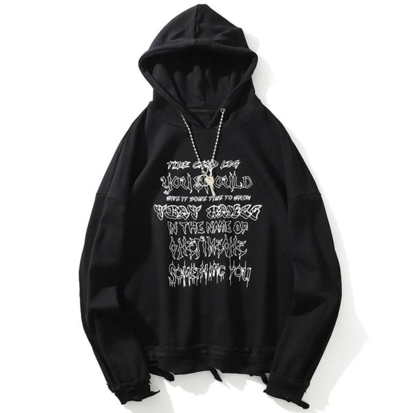 Hoodie Men Fashion Chain Punk Letter Printed Hole Ripped Hipster Cozy Baggy All-match Hooded Pullover Couple Streetwear