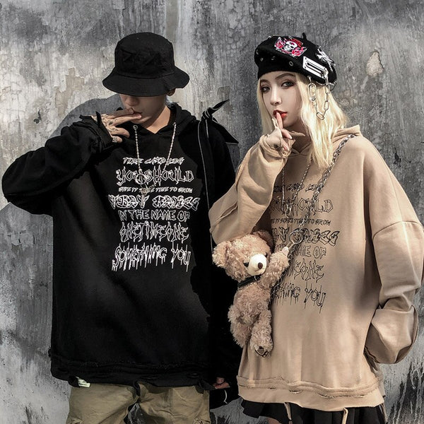 Hoodie Men Fashion Chain Punk Letter Printed Hole Ripped Hipster Cozy Baggy All-match Hooded Pullover Couple Streetwear