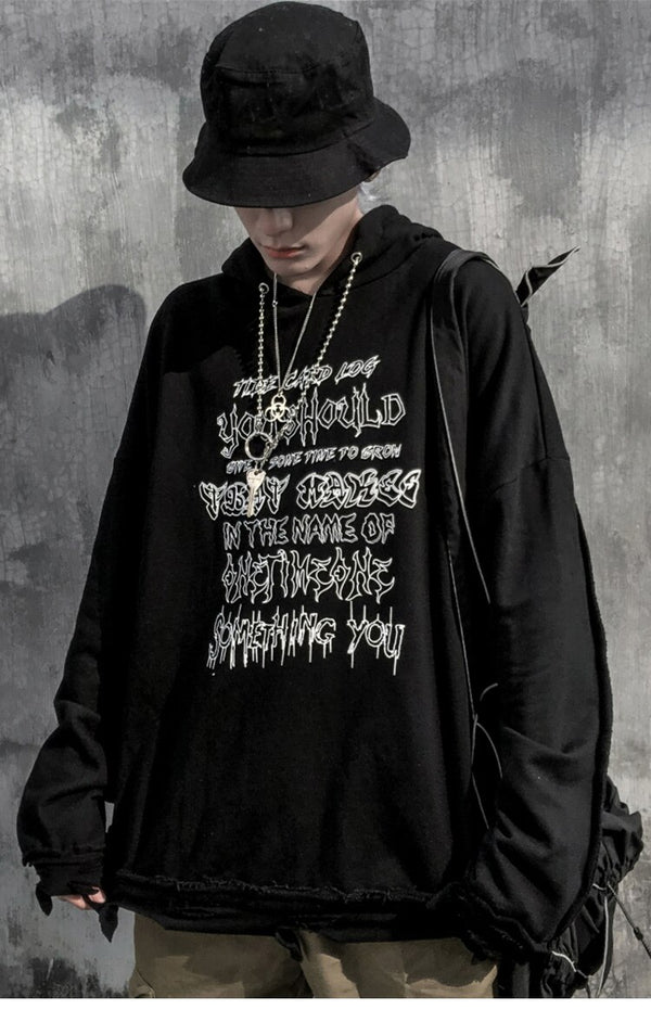 Hoodie Men Fashion Chain Punk Letter Printed Hole Ripped Hipster Cozy Baggy All-match Hooded Pullover Couple Streetwear