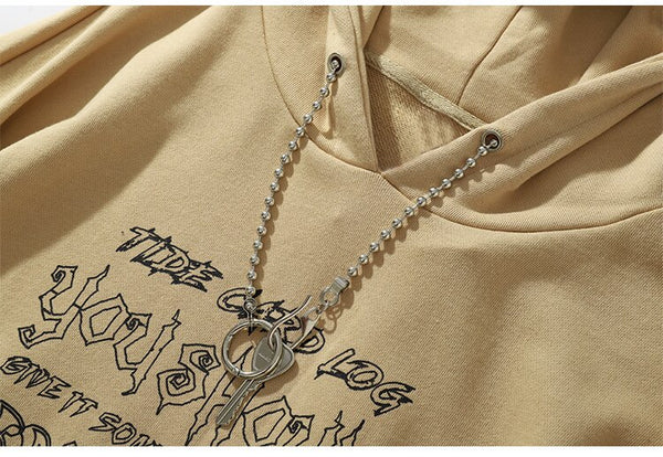 Hoodie Men Fashion Chain Punk Letter Printed Hole Ripped Hipster Cozy Baggy All-match Hooded Pullover Couple Streetwear