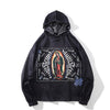 Hoodie Men Virgin Mary Vintage Totems Printed Hooded Pullover High Street Punk Diablo Style Sweatshirt Black Streetwear