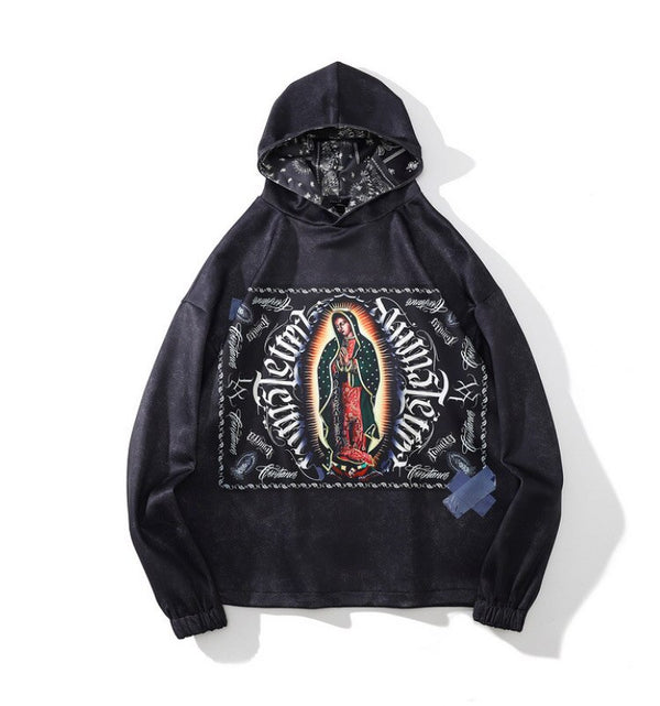 Hoodie Men Virgin Mary Vintage Totems Printed Hooded Pullover High Street Punk Diablo Style Sweatshirt Black Streetwear