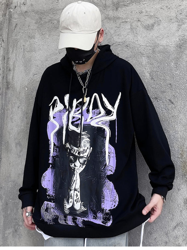 Hoodie Men Cool Youth Letter Graffiti Print Sweatshirt Male High Street Fashion Loose Hooded Pullover Couple Streetwear