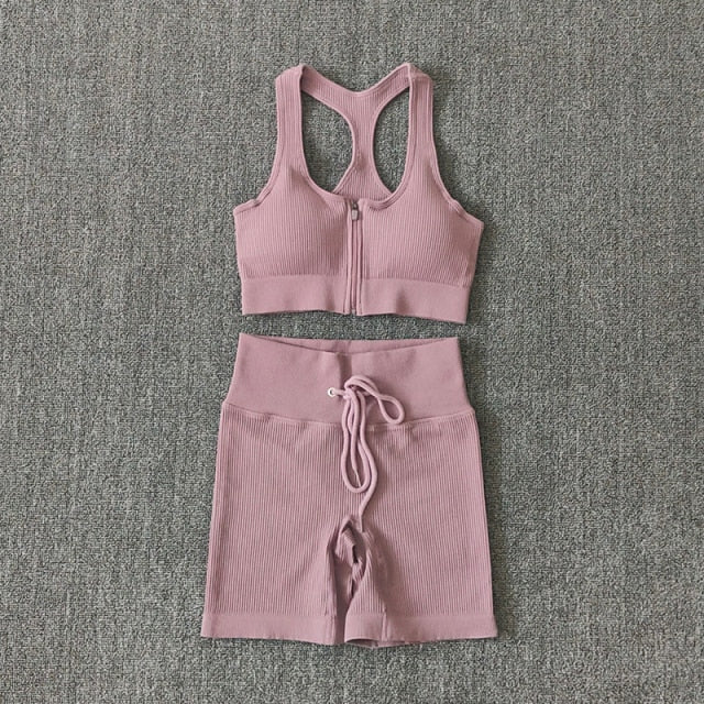 Seamless Women Yoga Set Workout Sportswear Gym Clothing Zipper Long Sleeve High Waist Leggings Fitness Bra Athletic Sports Suits