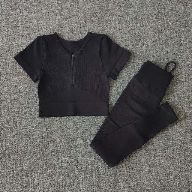Seamless Women Yoga Set Workout Sportswear Gym Clothing Zipper Long Sleeve High Waist Leggings Fitness Bra Athletic Sports Suits