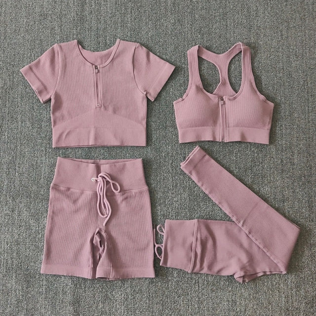 Seamless Women Yoga Set Workout Sportswear Gym Clothing Zipper Long Sleeve High Waist Leggings Fitness Bra Athletic Sports Suits