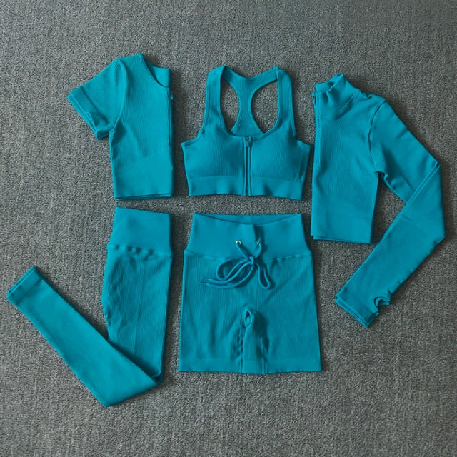Seamless Women Yoga Set Workout Sportswear Gym Clothing Zipper Long Sleeve High Waist Leggings Fitness Bra Athletic Sports Suits