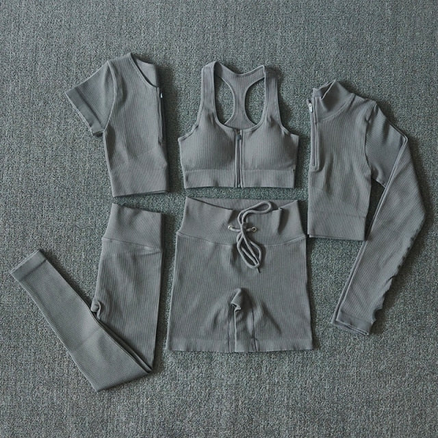 Seamless Women Yoga Set Workout Sportswear Gym Clothing Zipper Long Sleeve High Waist Leggings Fitness Bra Athletic Sports Suits