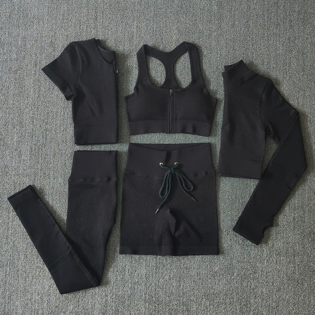 Seamless Women Yoga Set Workout Sportswear Gym Clothing Zipper Long Sleeve High Waist Leggings Fitness Bra Athletic Sports Suits