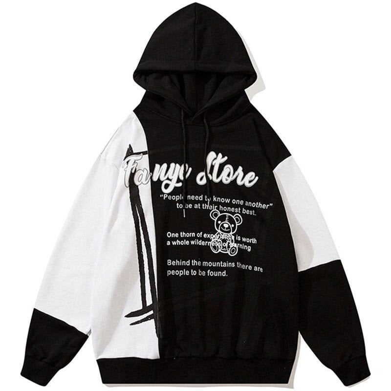 Hoodie Men Color Block Patchwork Letter Bear Print Hooded Pullover Couple Loose Cozy Retro Harajuku Hip Hop Streetwear