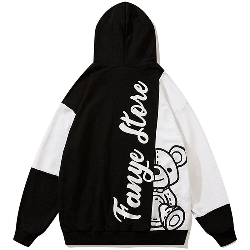 Hoodie Men Color Block Patchwork Letter Bear Print Hooded Pullover Couple Loose Cozy Retro Harajuku Hip Hop Streetwear