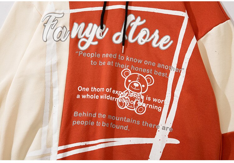 Hoodie Men Color Block Patchwork Letter Bear Print Hooded Pullover Couple Loose Cozy Retro Harajuku Hip Hop Streetwear