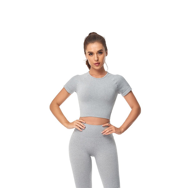 Seamless Yoga Suits Women Crop Top Short Sleeve Shirts Sport Pants Gym Leggings Sportswear Workout Active Set Fitness Clothes