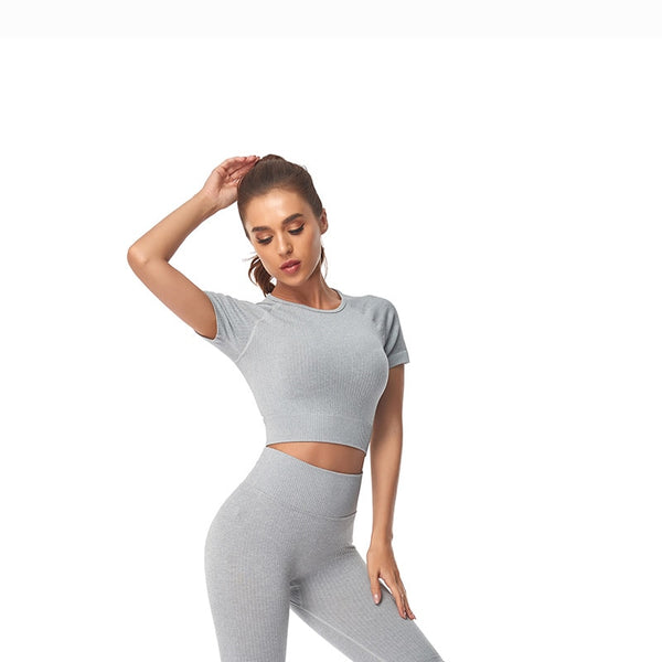 Seamless Yoga Suits Women Crop Top Short Sleeve Shirts Sport Pants Gym Leggings Sportswear Workout Active Set Fitness Clothes