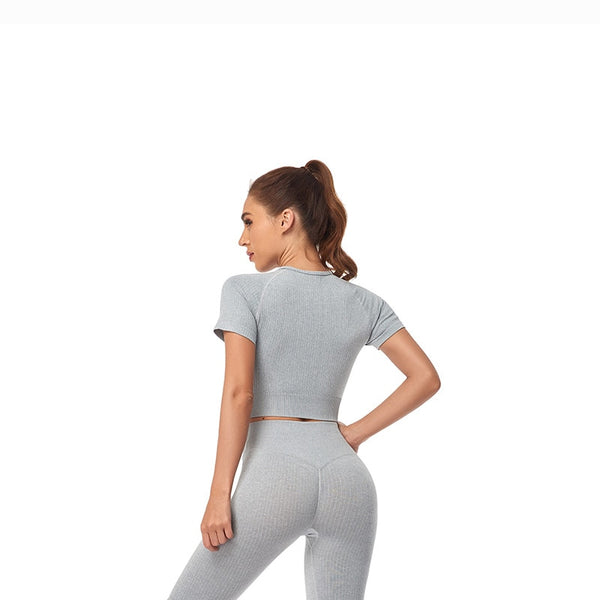 Seamless Yoga Suits Women Crop Top Short Sleeve Shirts Sport Pants Gym Leggings Sportswear Workout Active Set Fitness Clothes