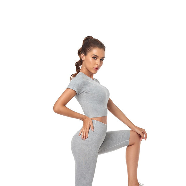 Seamless Yoga Suits Women Crop Top Short Sleeve Shirts Sport Pants Gym Leggings Sportswear Workout Active Set Fitness Clothes