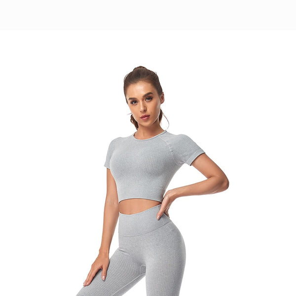 Seamless Yoga Suits Women Crop Top Short Sleeve Shirts Sport Pants Gym Leggings Sportswear Workout Active Set Fitness Clothes