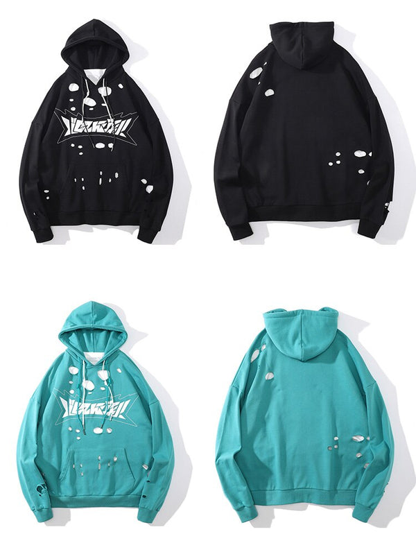 Hoodie Men Harajuku Letter Broken Hole Hooded Pullovers Oversized High Street Hipster Fashion Couple Streetwear Autumn