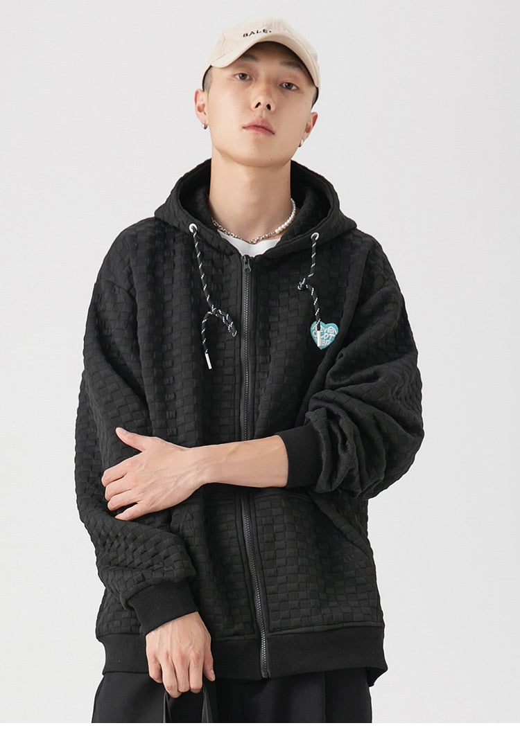 Zipper Hoodie Men Heart Embroidery Solid Plaid Hooded Coats Autumn Casual Harajuku All-match Fashion Streetwear Couple