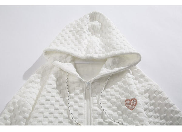 Zipper Hoodie Men Heart Embroidery Solid Plaid Hooded Coats Autumn Casual Harajuku All-match Fashion Streetwear Couple