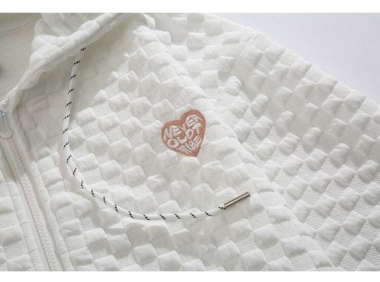 Zipper Hoodie Men Heart Embroidery Solid Plaid Hooded Coats Autumn Casual Harajuku All-match Fashion Streetwear Couple