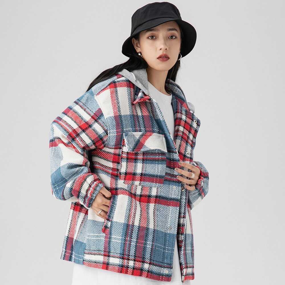 Plaid Print Pocket Hooded Jacket Coat Couple Loose Retro All-match Casual Outwear Autumn High Street Fashion Streetwear