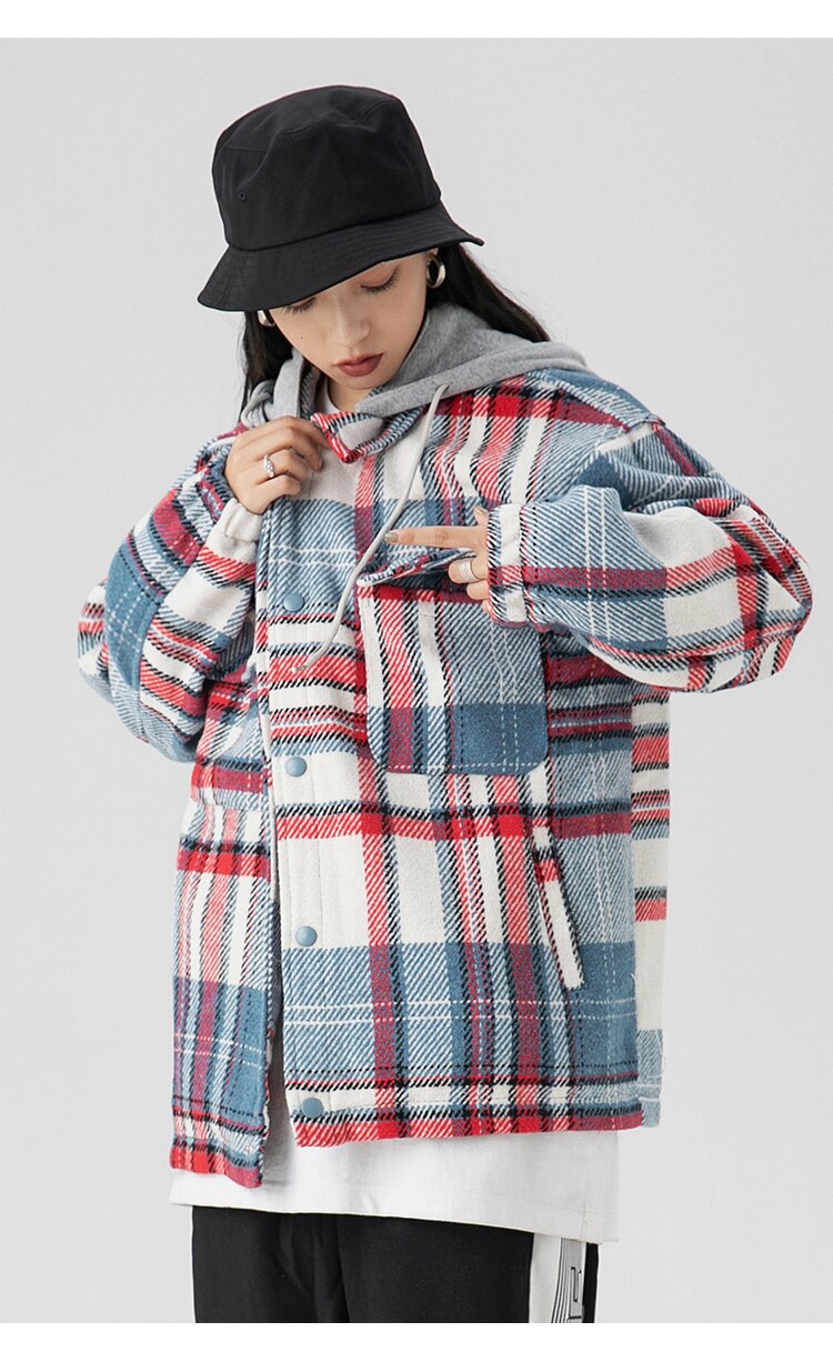 Plaid Print Pocket Hooded Jacket Coat Couple Loose Retro All-match Casual Outwear Autumn High Street Fashion Streetwear