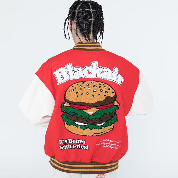 Men Hamburger Patch Letter Embroidery Bomber Jacket Autumn Loose Harajuku Hip Hop Fashion Baseball Coats Couple Outwear