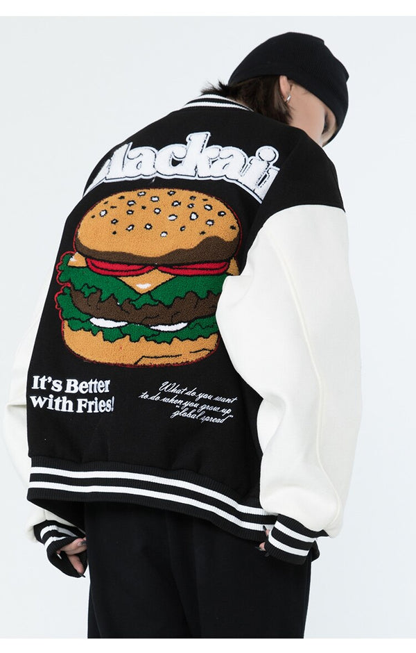 Men Hamburger Patch Letter Embroidery Bomber Jacket Autumn Loose Harajuku Hip Hop Fashion Baseball Coats Couple Outwear