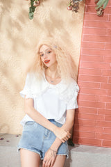 Solid Pure Contrast Lace Casual Pullover T-Shirts Women Summer Hollow Out Short Sleeve Korean Ladies Daily Tee | Vimost Shop.