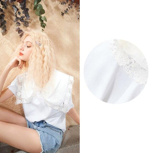 Solid Pure Contrast Lace Casual Pullover T-Shirts Women Summer Hollow Out Short Sleeve Korean Ladies Daily Tee | Vimost Shop.